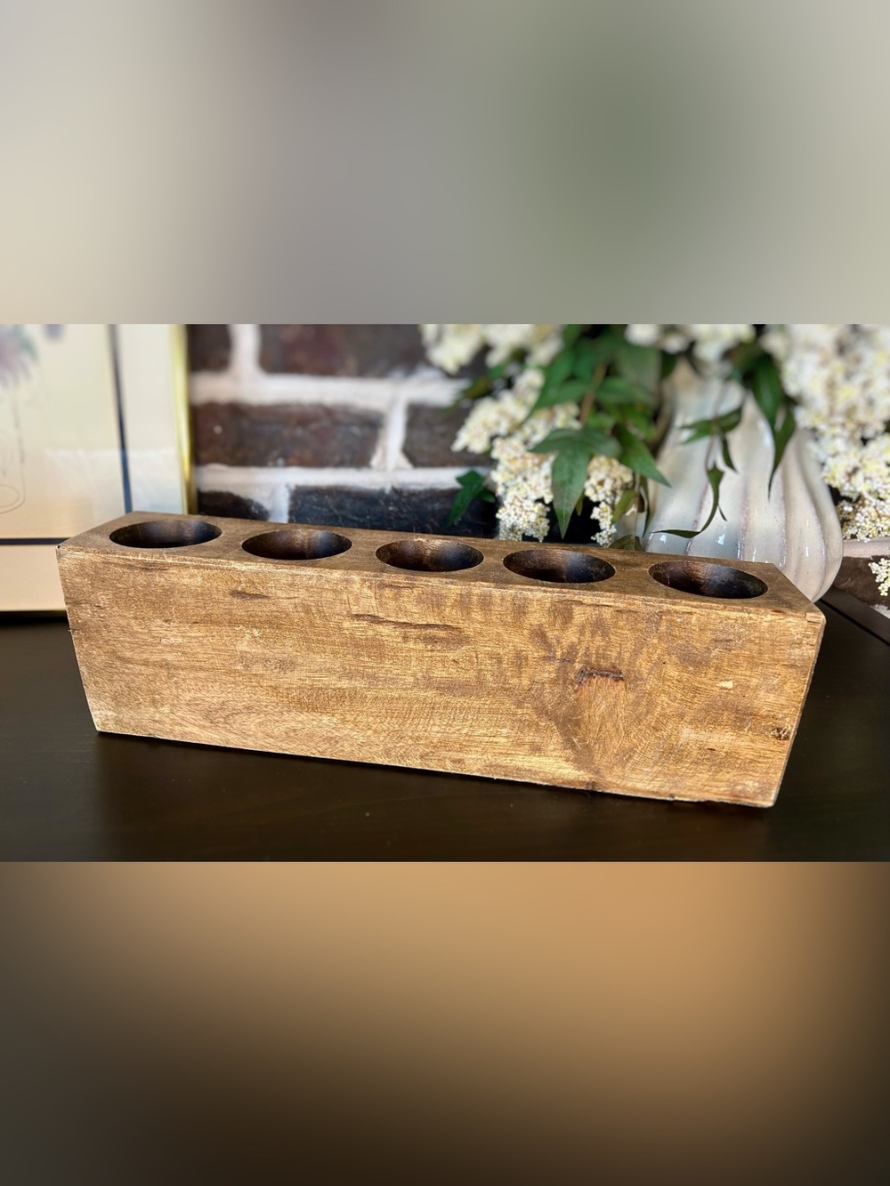 Vintage Solid Wood 5-Hole Candle Holder | Rustic Farmhouse Centerpiece, Cottage